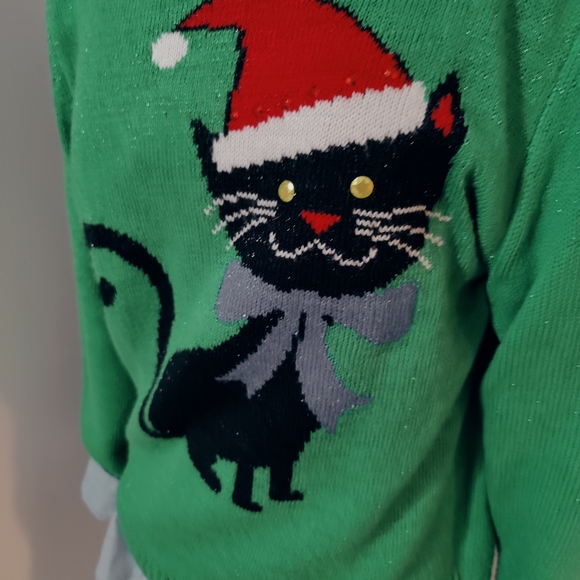 Kitty cat  Christmas sweater  black cat  holiday party  metallic shimmer  M - Picture 4 of 7